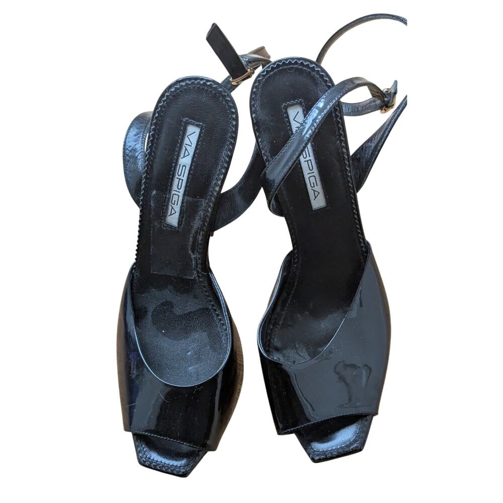 NWOT Via Spiga Vero Cuoio Black Patent Sandals Pumps Italian Designer7.5 EUC